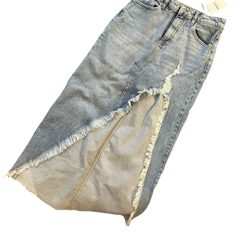 Forever 21 Light Blue Distressed High-Slit Denim Maxi Skirt
